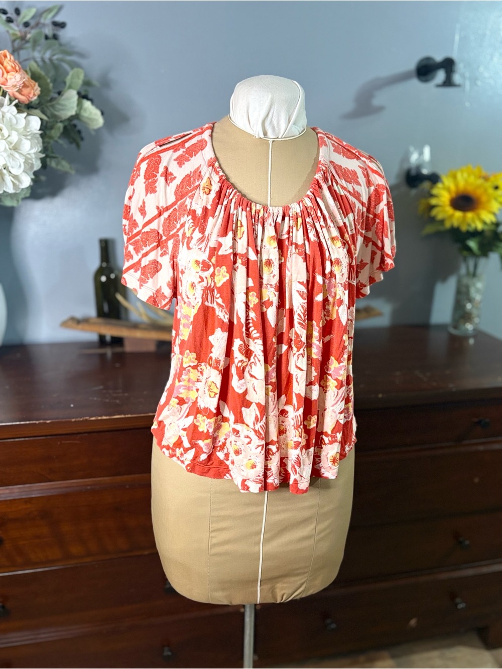 Free people Floral Pleated Short-Sleeve Women’s Top - Red